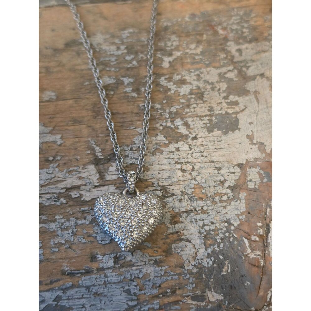 Chico’s Silver Tone Pave Crystal Heart Pendant Necklace Adjustable